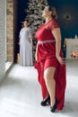 Woman at Christmas. Fat woman in a beautiful dress for a holiday. Royalty Free Stock Photo