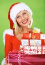 Woman, Christmas and gift box smile in studio for celebration, happiness or festive season giving. Female person, red Royalty Free Stock Photo