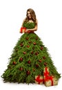 Woman Christmas Tree Dress and Present Gift, Fashion Model Gown Royalty Free Stock Photo