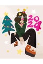 Woman, Christmas tree, stars and lettering. 2024. Happy New Year and Merry Christmas