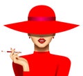 Woman with a cigarette in red hat and evening dress Royalty Free Stock Photo