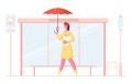 Woman City Dweller Holding Umbrella and Bread Stand on Bus Stop Waiting Transport in Rain on Urban Background