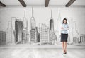 Woman and city panorama sketch on concrete wall Royalty Free Stock Photo