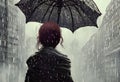 Woman in the city under heavy rain