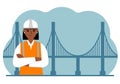 Woman civil engineer next to the bridge. The concept of civil engineering and construction.