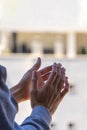 Woman clapping hands, applauding from balcony to support doctors, nurses, hospital workers. Applause to medical staff Royalty Free Stock Photo