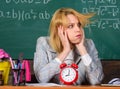 Woman in classroom. break time. Study and education. Modern school. Knowledge day. School. Home schooling. Tired woman Royalty Free Stock Photo