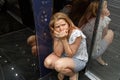 Woman With Claustrophobia In Elevator. Claustrophobia in small space concept