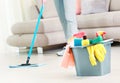 Woman clean the floor,girl clean up the room,bucket with sanitary items