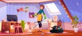 Woman clean teenager room, mother or housewife
