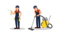 Woman Cleaner in Blue Overall Vacuuming Floor Vector Illustration Set