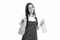 woman cleaner with pulverizer isolated on white, selective focus. woman cleaner