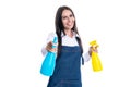 woman cleaner with pulverizer isolated on white, selective focus. woman cleaner