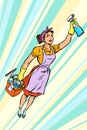 Woman cleaner, superhero flying. service
