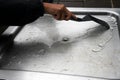 Woman cleaning barbecue hotplate