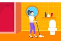 Woman cleaning bathroom housewife mopping floor bath room or toilet interior girl washing with mop full length flat Royalty Free Stock Photo