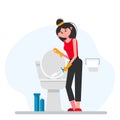 Woman cleaning bathroom. Housewife washes toilet bowl with brush. Lavatory room.