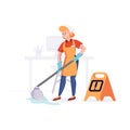 Woman from cleaning company staff cleans the office with a mop with water. Vector illustration in a flat style Royalty Free Stock Photo