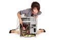 Woman cleaning computer Royalty Free Stock Photo