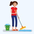 Woman cleaning dirty room with a mop