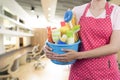 Woman with cleaning equipment ready to clean house Royalty Free Stock Photo