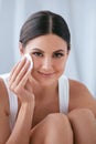 Woman Cleaning Face With Cosmetic Cotton Pad, Removing Makeup