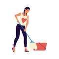 Woman cleaning floor with mop. Cartoon female character mopping. Isolated girl washing room with brush and bucket. Maid Royalty Free Stock Photo