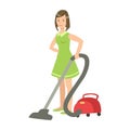 Woman Cleaning The Floor With Vacuum Cleaner, Cartoon Adult Characters Cleaning And Tiding Up