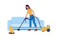 Woman cleaning floor with vacuum cleaner. Female vacuuming carpet. Cartoon maid using household cleanup equipment. Character doing Royalty Free Stock Photo