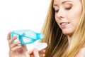 Woman cleaning her face skin with cotton pad Royalty Free Stock Photo