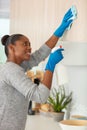 woman cleaning kitchen cupboards with detergent spray