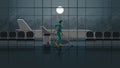 A woman cleaning maid service working in airport terminal at night