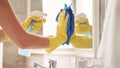 Woman cleaning mirror in bathroom Royalty Free Stock Photo