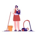 Woman cleaning service with cleaning equipment. Housemaid housewife standing. Vector illustration in flat style