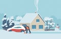 Woman cleaning snow with shovel around her country house. Wintertime work at yard or road. Winter scene at snowy weather Royalty Free Stock Photo