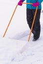 Woman cleaning snow with shovel in winter day. Woman shovelling snow walkway in front of house