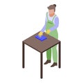 Woman cleaning table icon, isometric style