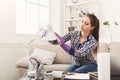 Woman cleaning table lamp copy space Royalty Free Stock Photo