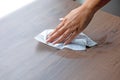 Woman cleaning table surface in home or office with wet wipes stock photo Royalty Free Stock Photo