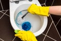 Woman is cleaning toilet bowl using brush Royalty Free Stock Photo