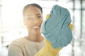 Woman cleaning window, with a cloth in rubber gloves and washing the shower cabin. Glass, hygiene and a female maid or Royalty Free Stock Photo