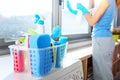Woman cleaning windows at home Royalty Free Stock Photo