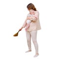 Woman cleans the home living room with an infant baby in her arms, is Royalty Free Stock Photo