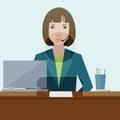 Woman clerk in a bank office. Flat vector