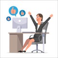 The woman clerk during working hours communicates in social networks and rejoices the received likes. Procrastination, office