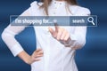 Woman click on virtual e-shop button. E-commerce and B2C concept. i shopping for Royalty Free Stock Photo