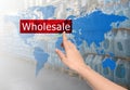 Woman clicking Wholesale button and world map with blurred view of warehouse