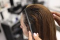 Woman client in hairdressing salon sits in master chair combing her wet hair with comb Royalty Free Stock Photo