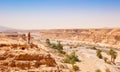 Woman on cliff looking at panoramique view