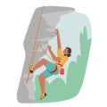 Woman Climb Up Mountain. Female Character Rock Climber Climbing Rock with Ropes, Sportive Girl in Harness Healthy Life